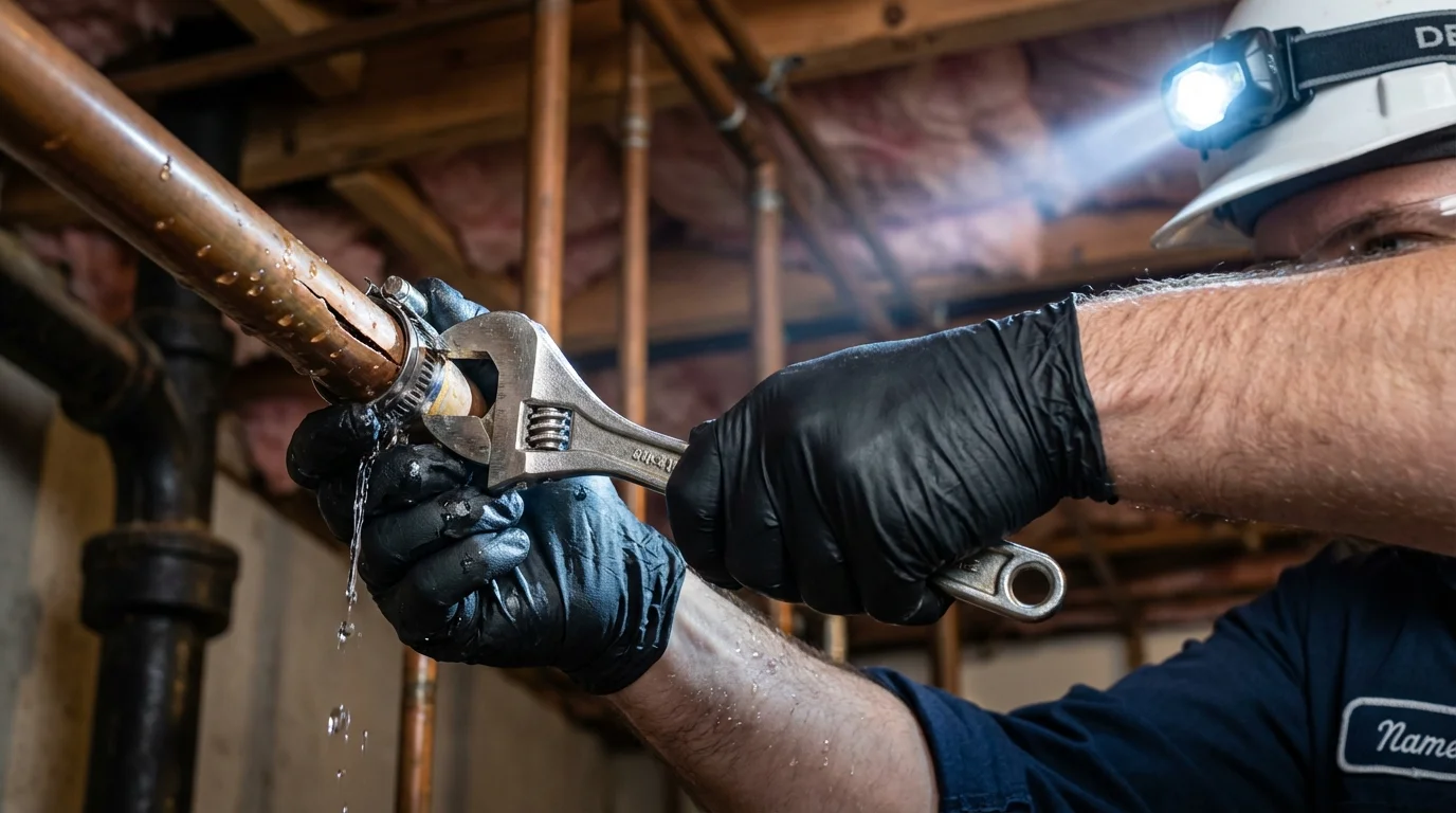 Emergency pipe clamp repair being performed by a Johns Plumbing LLC plumber in Peridot